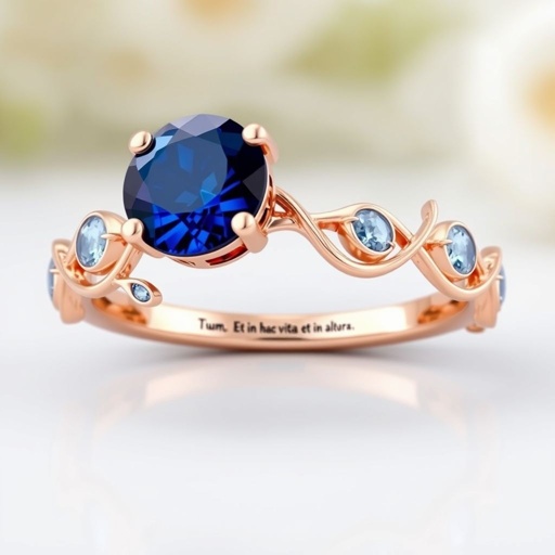 A simple, three stone rose gold engagement ring set with a circular alexandrite. Also set with a small half moon blue chalcedony on one side right next to it, and a small half moon moonstone set on the other side right next to it. On the inside of the band, it has an inscription reading, “Tuum. Et in hac vita et in altera.”