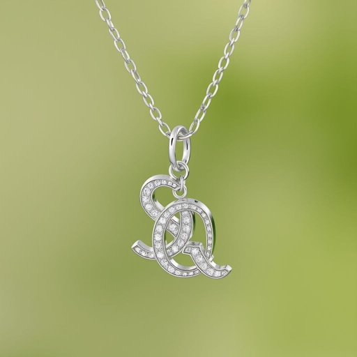 silver necklace with the pendant in conjoined letters SQ with white  stones. Make it cute and simple 