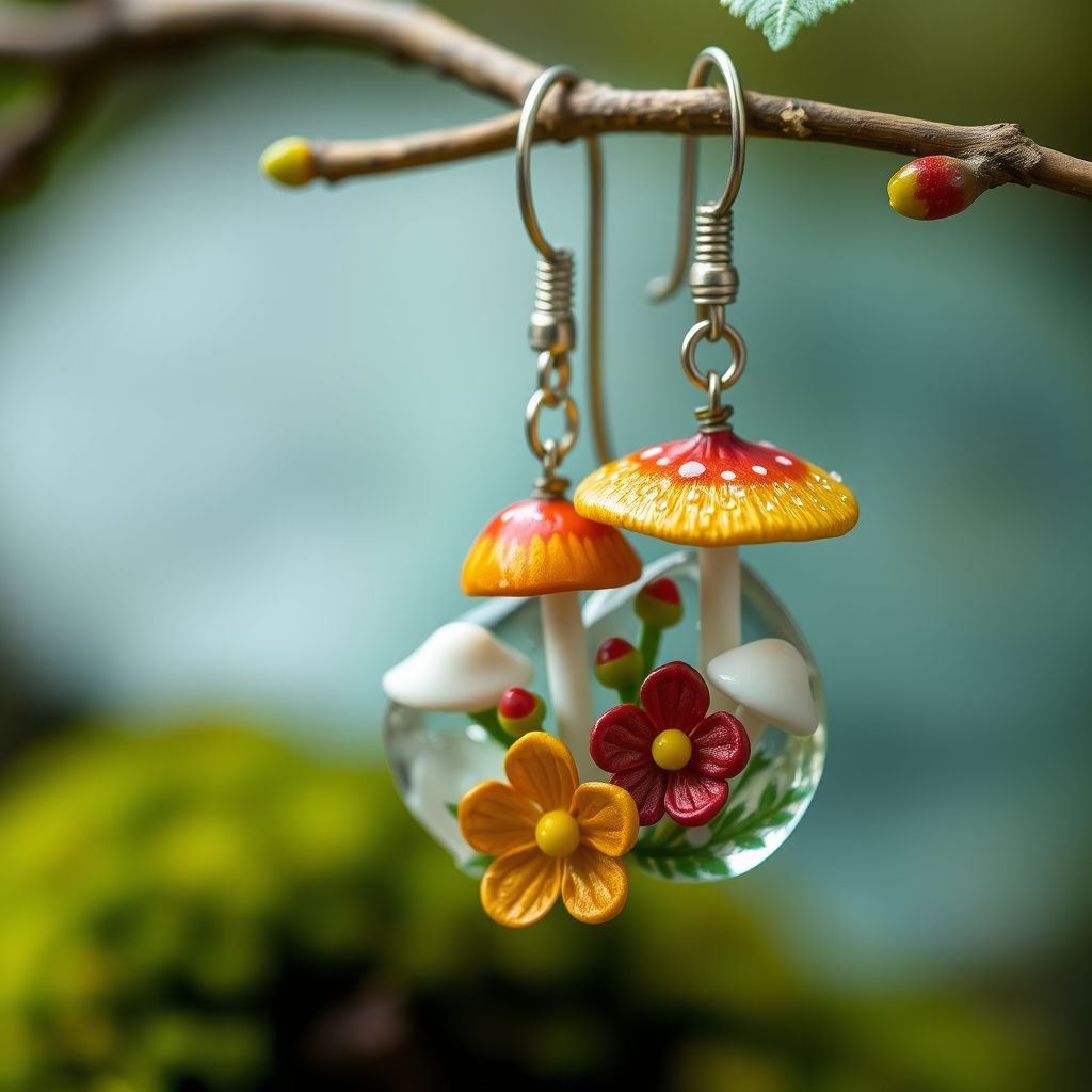 Glass mushroom and flower earrings 