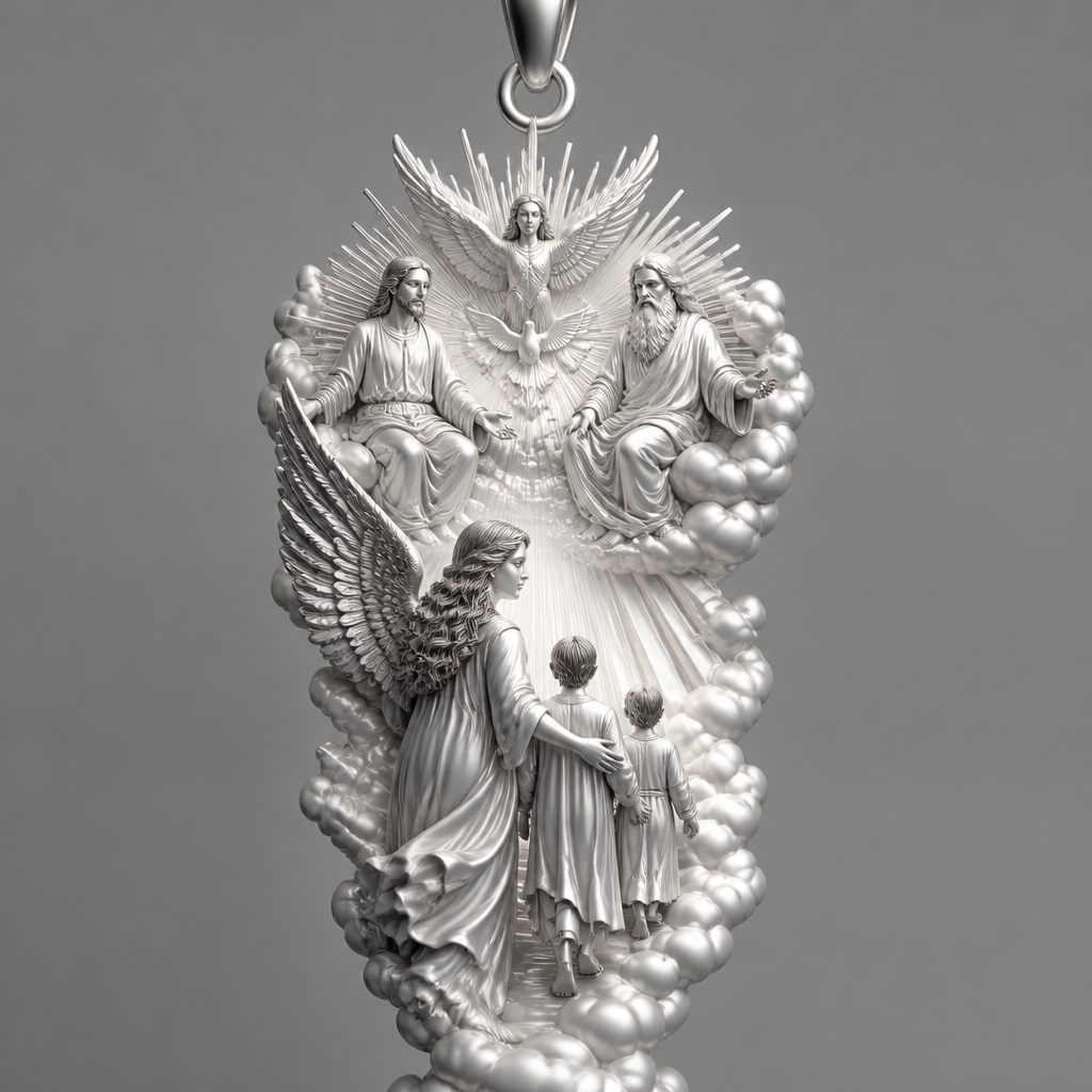 A modern women's pendant made of silver suitable for festival. An extraordinary excellent beautiful delicate and elegant pendant with the Guardian Angel with a beautiful delicate and elegant face, with long hair, with big wings flying, with a beautiful delicate elegant and with beautiful curves at her body, with a beautiful delicate and elegant tunic holding a child and an adult with its hands protecting them and guiding them on the way of the Holy Trinity. Sawing the way of the Holy Trinity in front of them God the Father, God the Son and God the Holy Spirit, the Holy Spirit to be as an Angel with a dove under the Angel surrounded by tongues of fire radiating light to the persons and the Guardian Angel, without the surrounding metals of the pendant. All the persons and the surrounding area to be 3D like statues. With less metal of the pendant and more accurate persons and only the persons and the clouds and the rayes of light. Less metal at the pendant and more 3D persons to be seen all the persons 3D. The persons to be sawn going straight on the way to the Holy Trinity. Part of the face of the persons to be seen.
