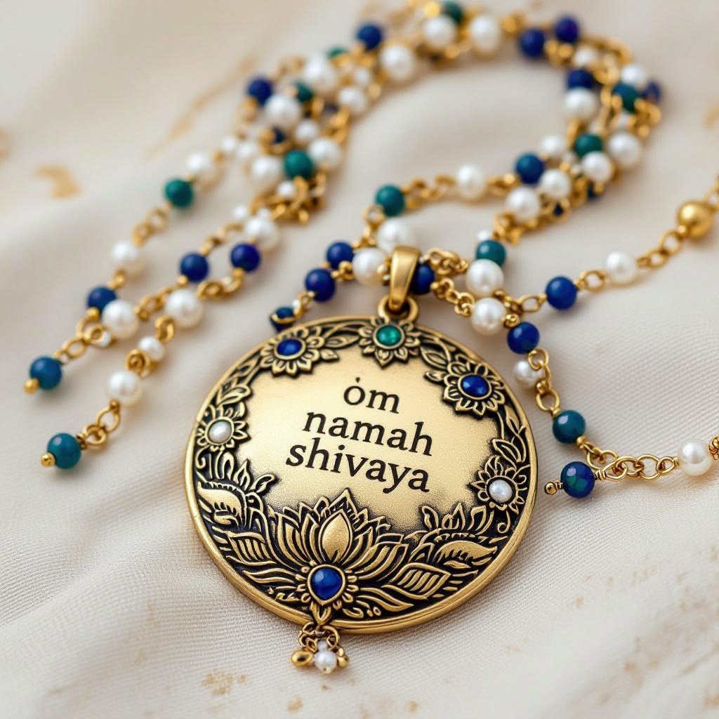 Кулон на длинной цепочке. Матовое светлое золото. В цепочке небольшие золотые шарики и синие камушки и жемчуга. Кулон в форме неровного мятого круга. На круге изображена надпись под наклоном om namah shivaya. Круг украшен лотосами звездами волнами узорами
