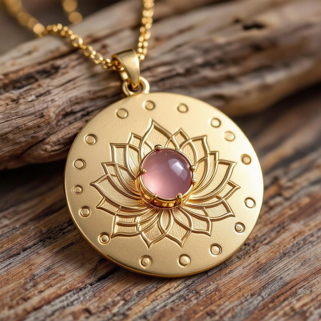 Золотые матовые серьги. Подвеска в виде круга. По окружности выпуклые маленькие точки. В центре выгравирован узор в форме лотоса. В центре лотоса маленький камень из розового кварца