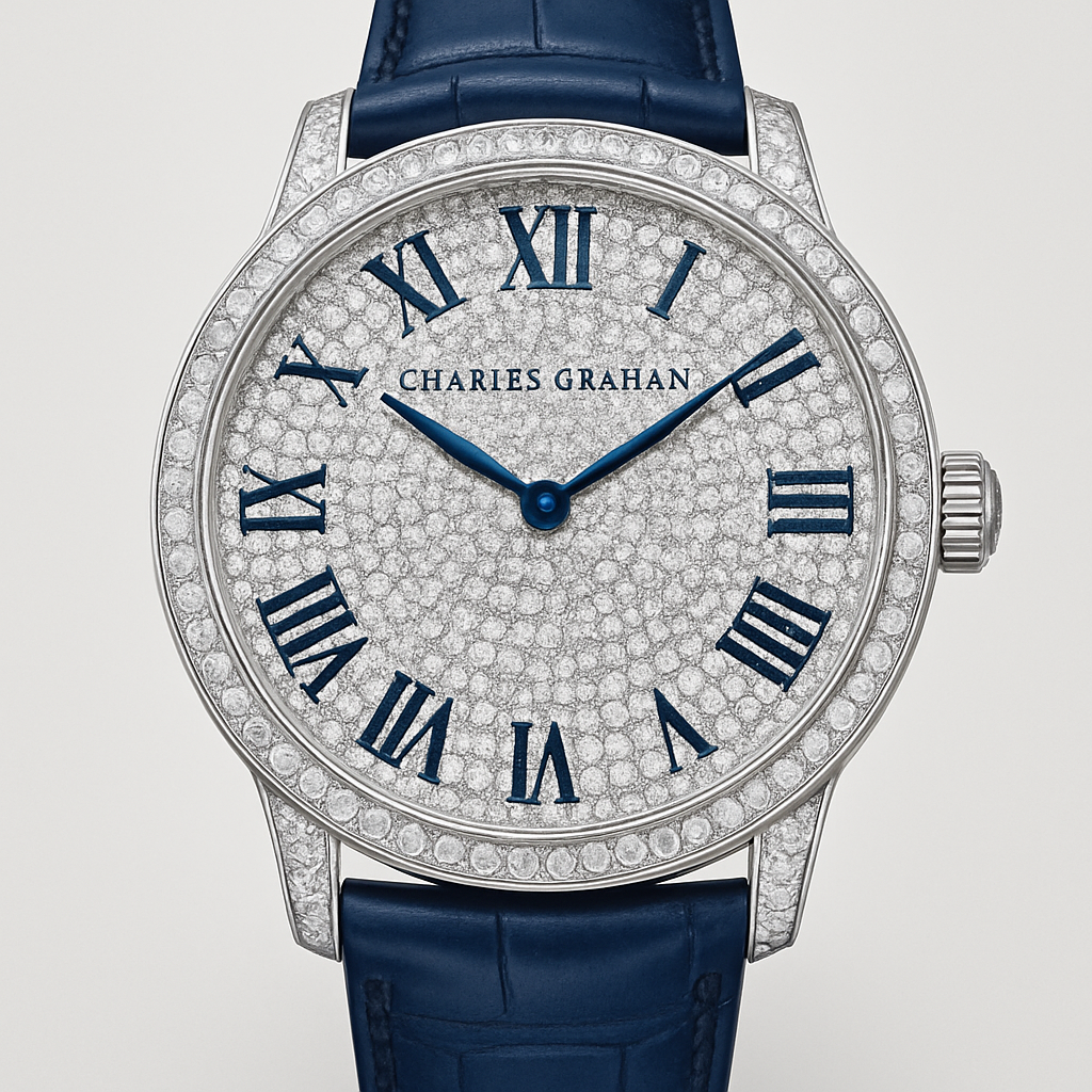 Design a 38 mm watch  full of white  diamonds and blue hands and put the brand name Charles graham in the top middle under the 12 clock with blue strap and Roman numbers 