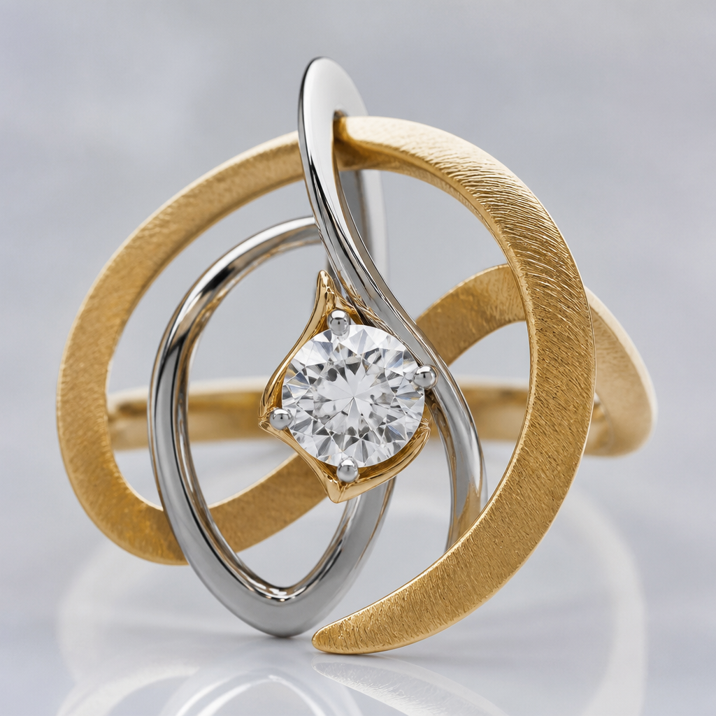 A avant-garde women's ring made of mixed metal with diamond stones suitable for festival. An extraordinary excellent beautiful delicate and elegant solitaire women ring. Face of the ring.
photorealistic jewelry design, A avant-garde women's ring made of mixed metal with diamond stones suitable for festival. An extraordinary excellent beautiful delicate and elegant solitaire women ring. Face of the ring., avant_garde style, just the design no text