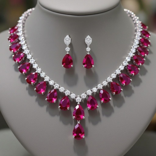 Ruby luxury necklace long pear drop style and luxury earring set Platinum necklace, ruby pear drops, diamond accents, prong setting. Matching platinum earrings, ruby pear drops, diamond accents, prong setting.
