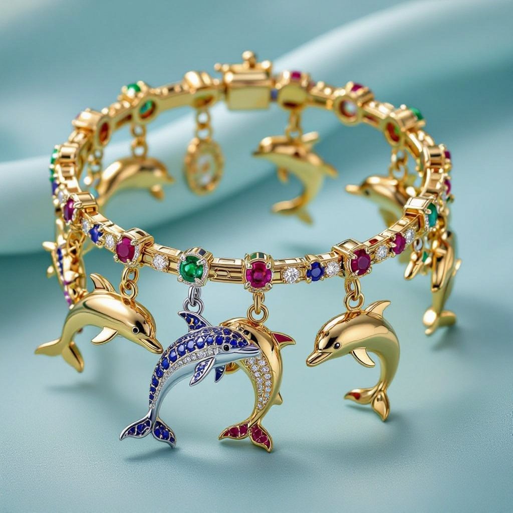Make a chime bracelet having multiple dolphins studded with emeralds sapphires and rubies high jewellery 