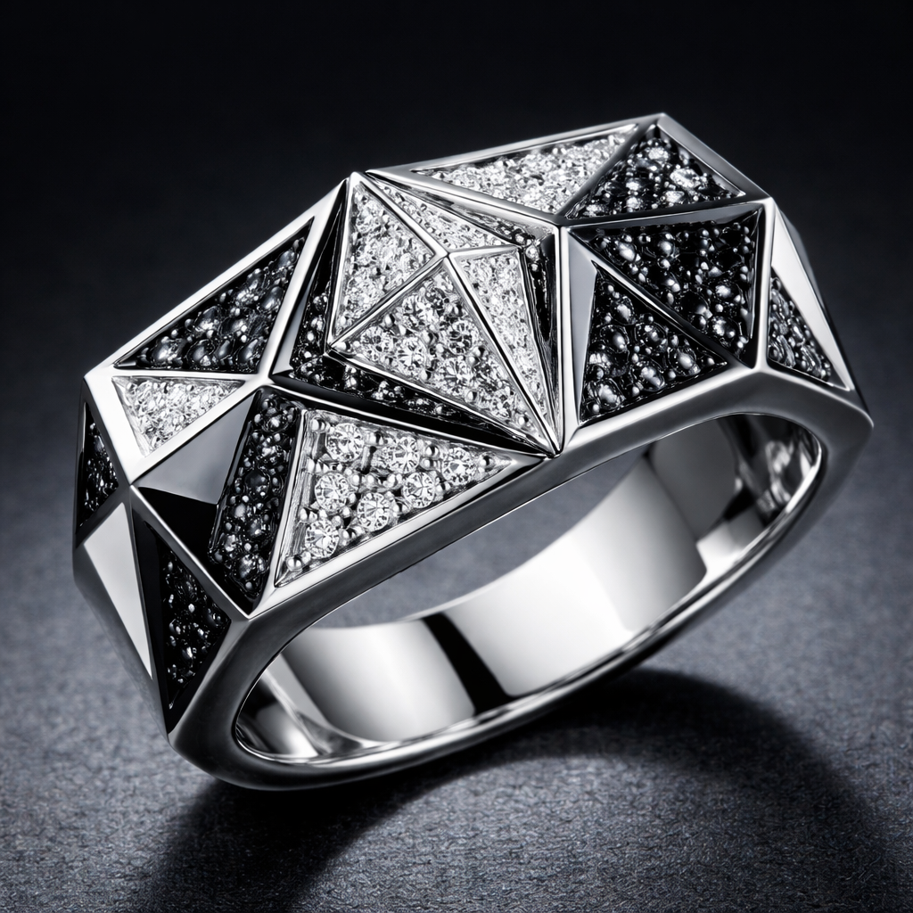 Geomatric pyramid sharp angles edgy angles ring for men of rectangular and sqaure shape of white and blcak diamonds of unique design and special shape