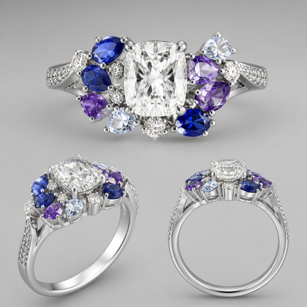 https://wkchan.com/products/2-00-carat-cushion-diamond?variant=45128020066504 use diamond to create a 20 year anniversary ring for the right hand using February and January birthstones. You can use June as that is the wedding month. It should not look like an engagement ring
photorealistic jewelry design, https://wkchan.com/products/2-00-carat-cushion-diamond?variant=45128020066504 use diamond to create a 20 year anniversary ring for the right hand using February and January birthstones. You can use June as that is the wedding month. It should not look like an engagement ring , cocktail style, just the design no text
