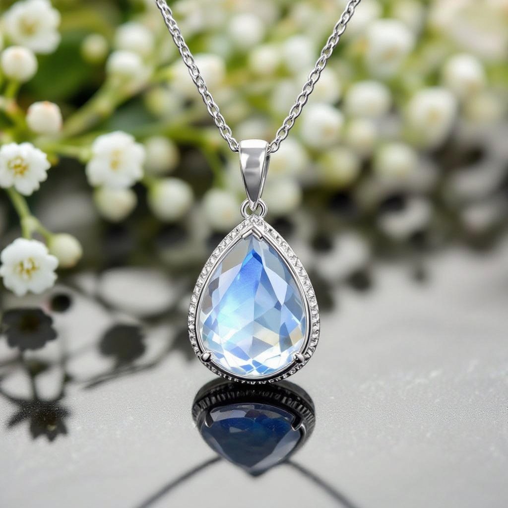 A 50 carat drop-cut IFF moonstone necklace with silver lining around it