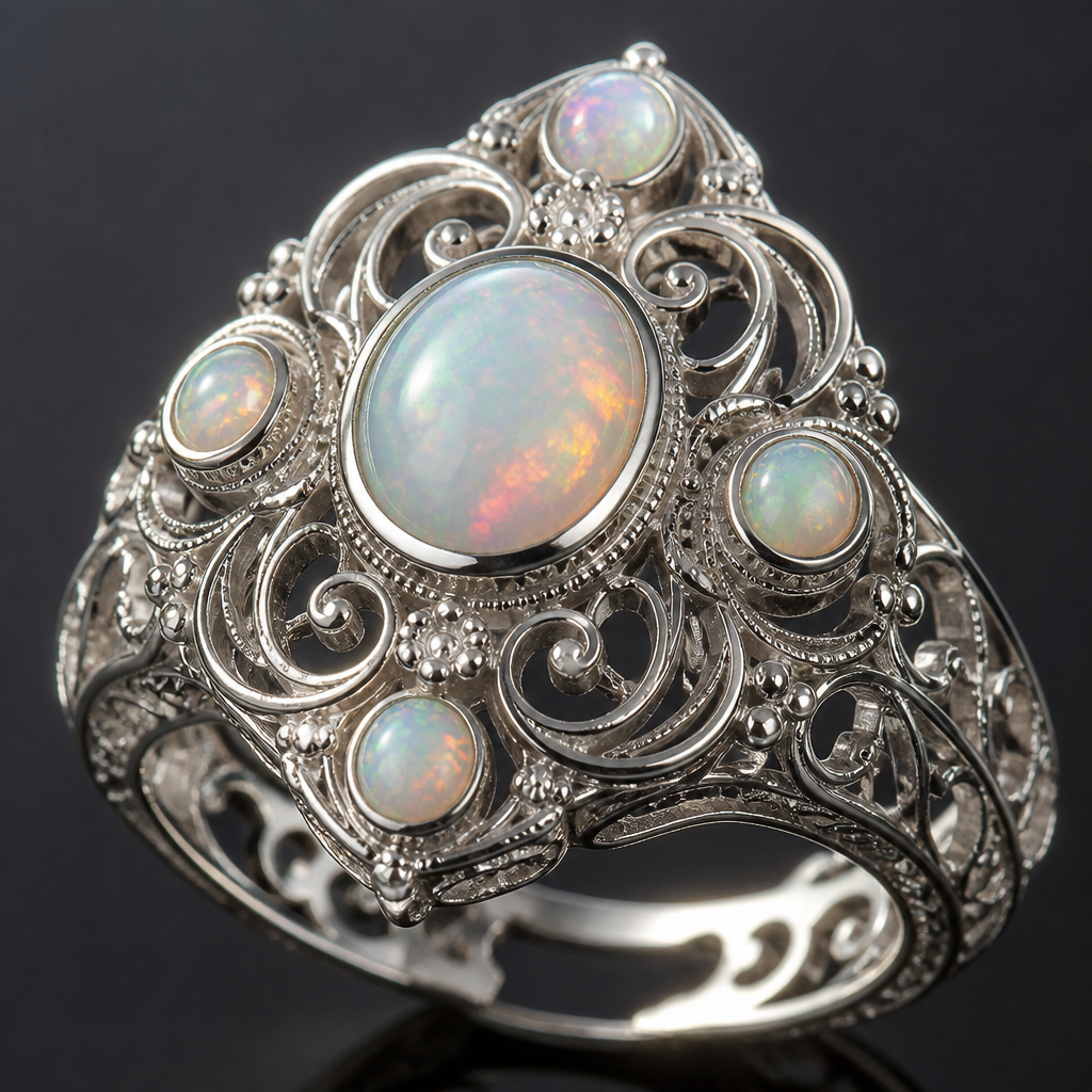 A filigree women's ring made of silver with opal stones, highly ornate, intricate and elaborate, richly detailed
photorealistic jewelry design, A filigree women's ring made of silver with opal stones, highly ornate, intricate and elaborate, richly detailed, filigree style, just the design no text