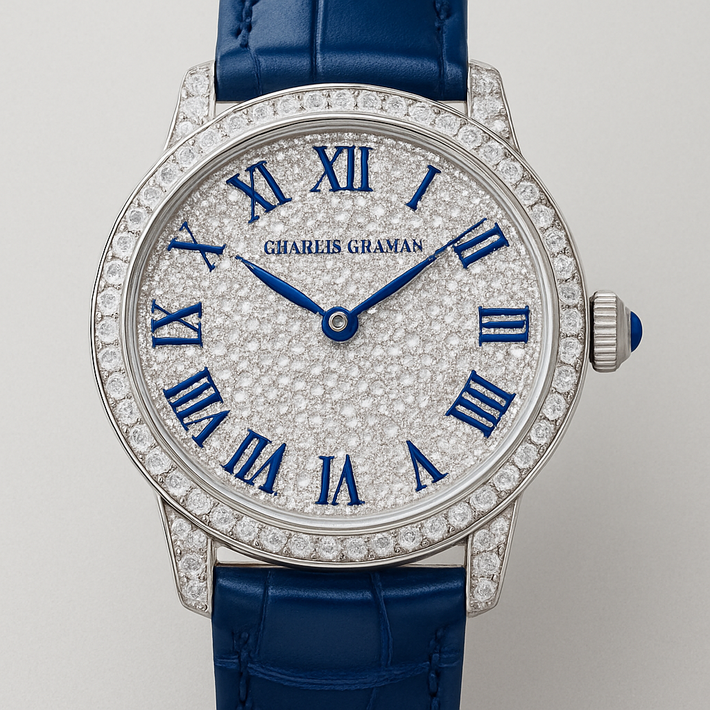 Design a 38 mm watch  full of white  diamonds and blue hands and put the brand name Charles graham in the top middle under the 12 clock with blue strap and Roman numbers and put a blue stone in the crown of it