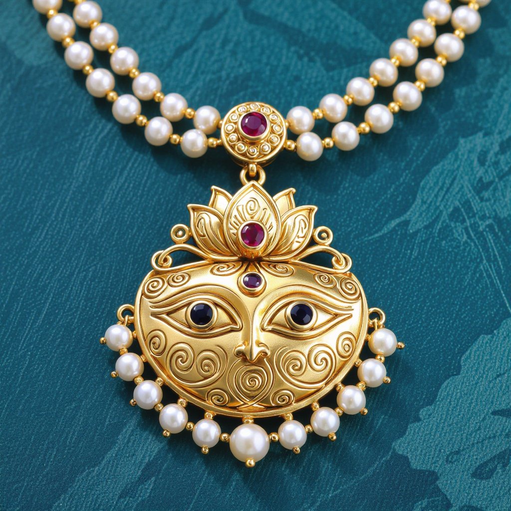 Кулон на длинной цепочке. Матовое светлое золото. В цепочке небольшие золотые шарики и жемчуг. Кулон в виде двух глаз над ними лотос с маленьким красным камнем внутри узоры завитушки 