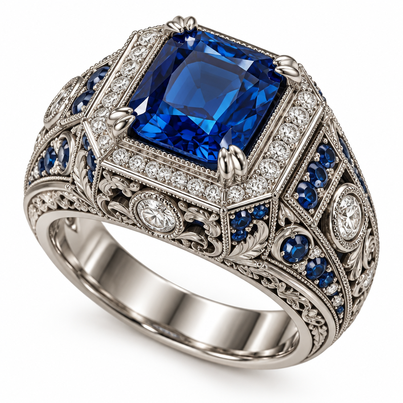 A cocktail men's ring made of silver with topaz and diamond stones suitable for daily wear, highly ornate, intricate and elaborate, richly detailed. sapphire and diamons
using the attached image as a visual reference, create A cocktail men's ring made of silver with topaz and diamond stones suitable for daily wear, highly ornate, intricate and elaborate, richly detailed. sapphire and diamons. photorealistic, just the design no text