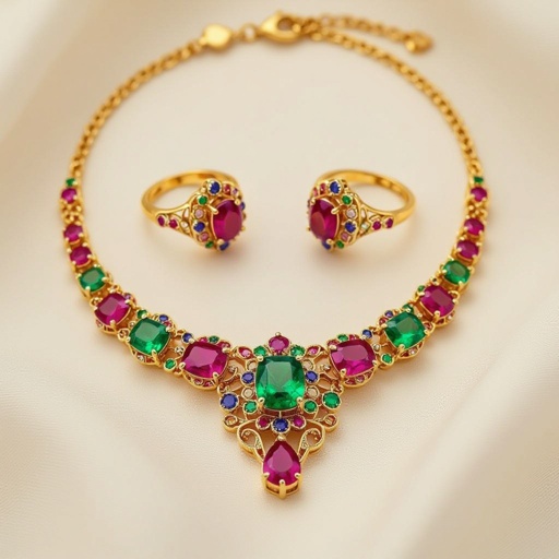 Necklace and ring and earring with luxury colorful jewel with gold