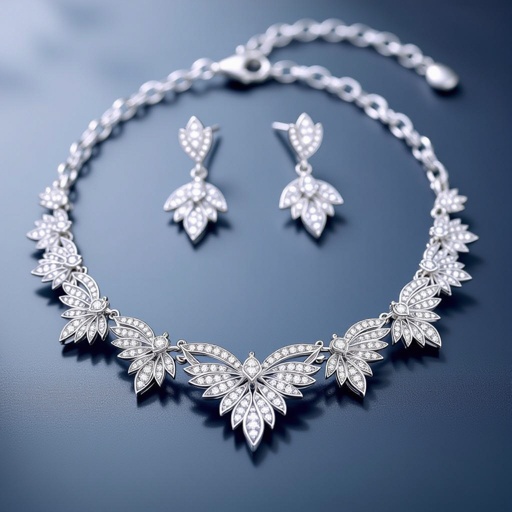 Design a trendy chain bracelet featuring an interwoven pattern of delicate wing charms, each adorned with shimmering diamonds. The wings, inspired by the freedom of flight, would vary in size, creating a layered, dynamic effect. The aesthetic combines edgy elegance with youthful vibrancy, making it the ultimate statement piece for teens. Make its necklace and earrings