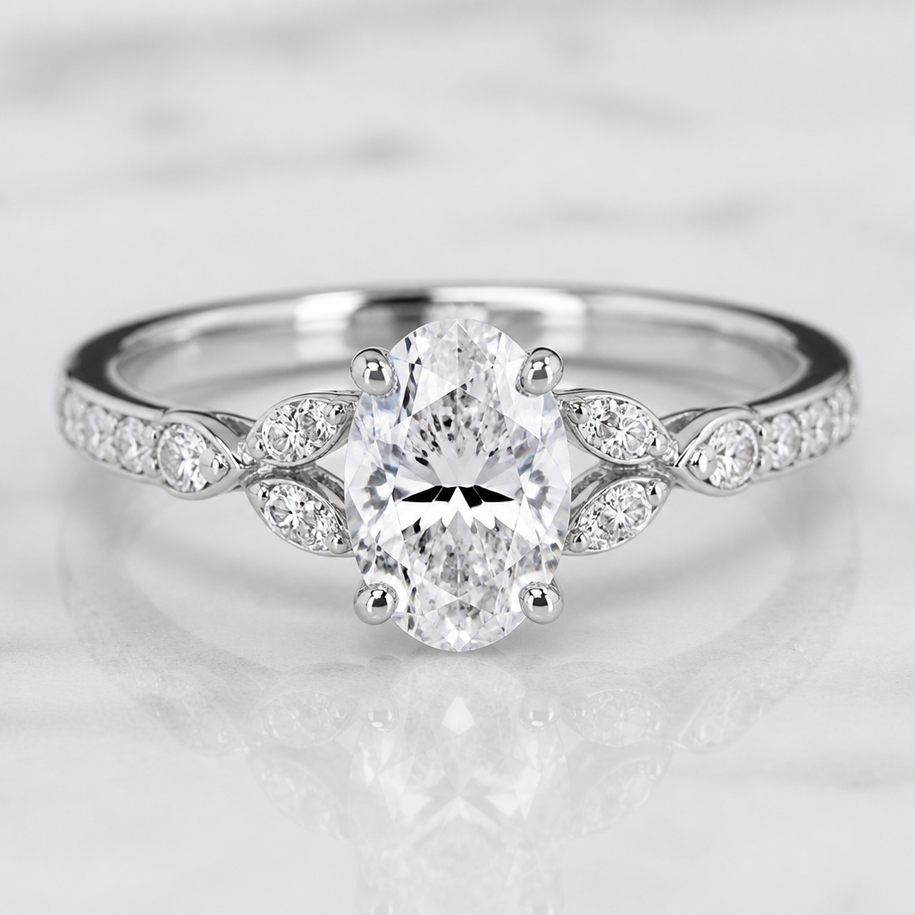 A contemporary women's ring made of white gold with diamond stones suitable for wedding. A 0.70-carat oval diamond is used as the center stone.
photorealistic jewelry design, A contemporary women's ring made of white gold with diamond stones suitable for wedding. A 0.70-carat oval diamond is used as the center stone., contemporary style, just the design no text