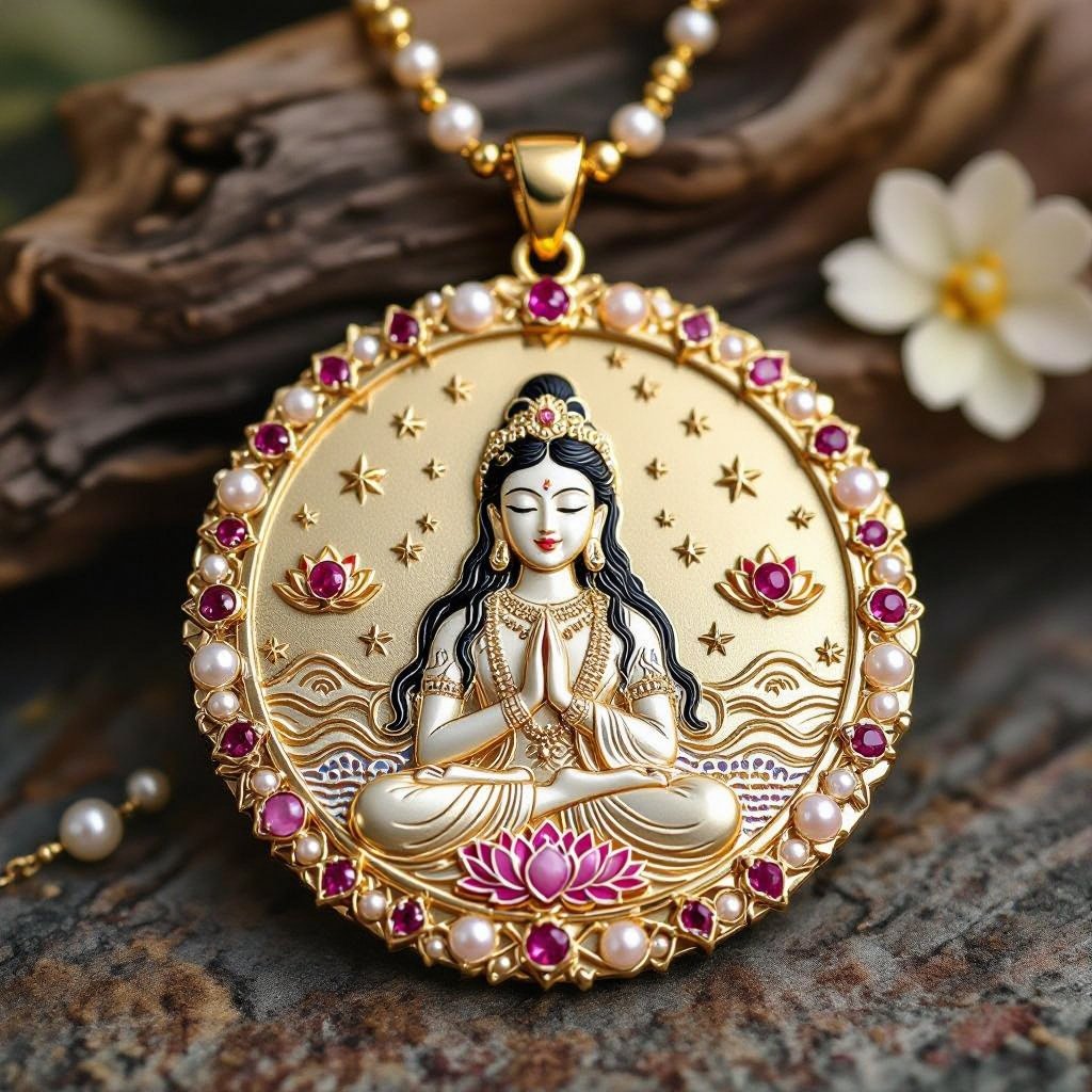 Кулон на длинной цепочке. Матовое светлое золото. В цепочке небольшие золотые шарики и розовые камушки и жемчуга. Кулон в форме неровного мятого круга. На круге изображена девушка с длинными волосами лица не видно в молитве и позе лотоса нечетко. Круг украшен лотосами звездами волнами узорами