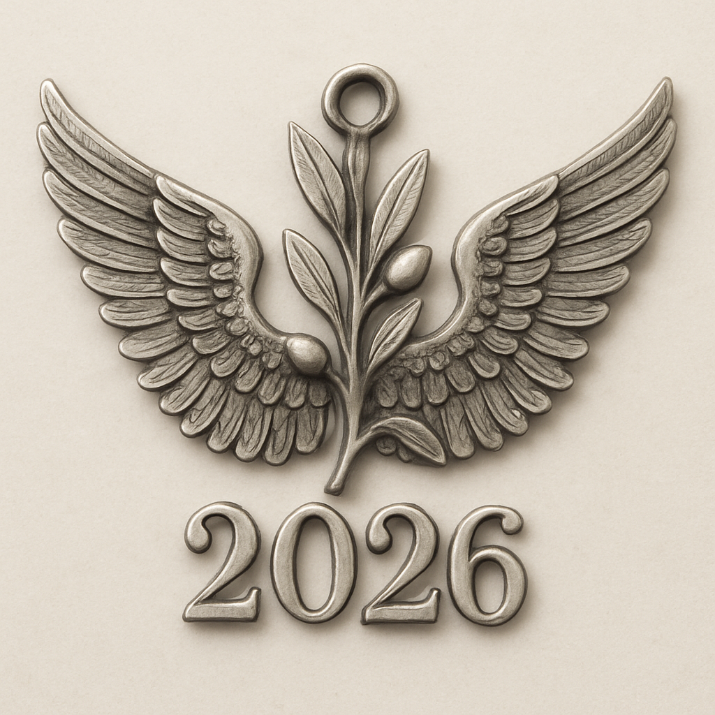 Silver cut-out charm blending together two spread out wings of a bird, an olive branch and  along year 2026