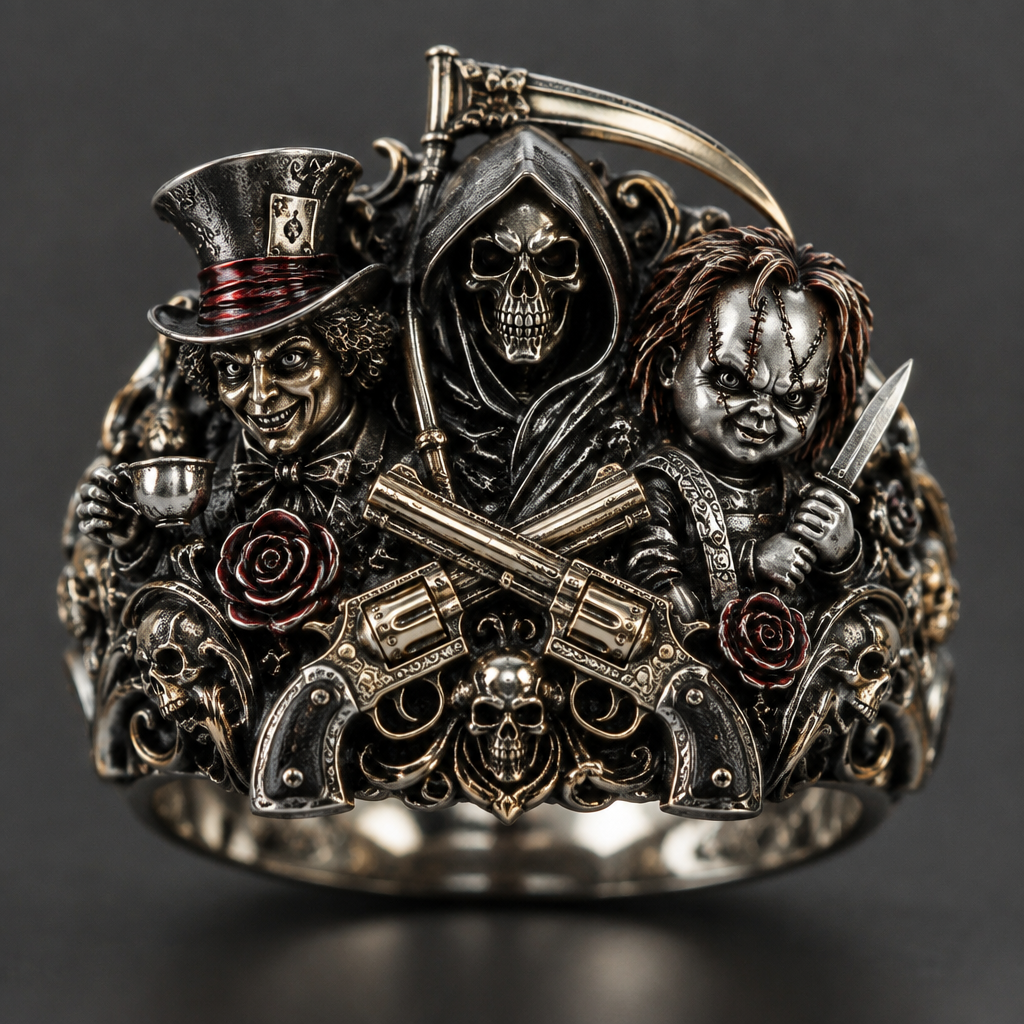 A gothic women's ring made of mixed metal suitable for daily wear, detailed and decorative, moderately ornate. madhatter a reaper and Chucky and 2 pistols crossing
photorealistic jewelry design, A gothic women's ring made of mixed metal suitable for daily wear, detailed and decorative, moderately ornate. madhatter a reaper and Chucky and 2 pistols crossing, gothic style, just the design no text