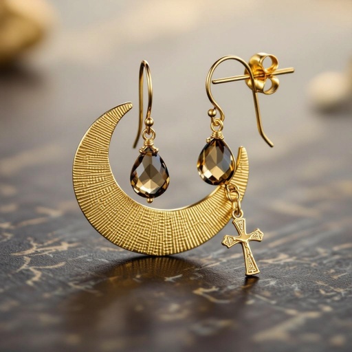 Золотые серьги словно мятое золото в форме узкого изящного полумесяца. Верхушка полумесяца крепится к застежке серьги. К нижней части полумесяца крепятся три подвески: миниатюрный золотой египетриский крест, очень маленький кристалл раухтопаза и маленький золотой кружочек с мятым эффектом плоский