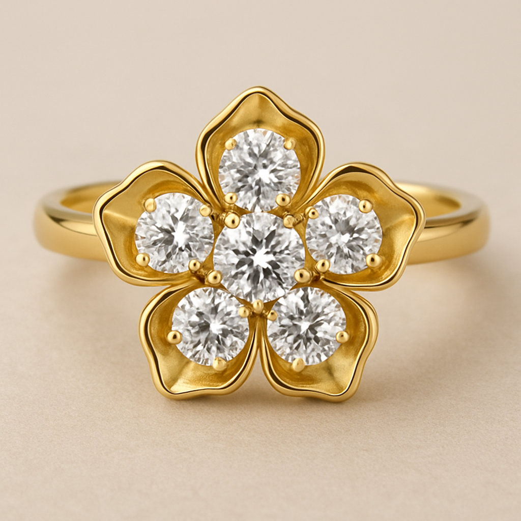a 5 stone diamond ring in 18k yellow gold. In shape of a flower name hibiscus