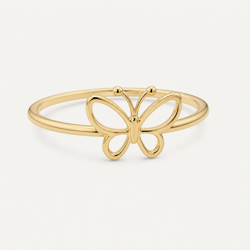 A women's ring. delicate gold ring with cute drawen butterfly
photorealistic jewelry design, A women's ring. delicate gold ring with cute drawen butterfly, modern style, just the design no text