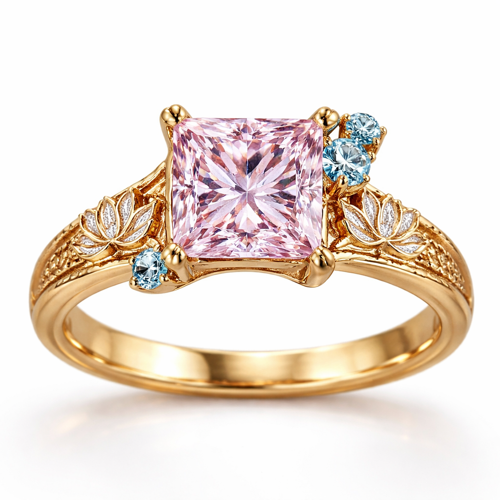 a light pink princess cut 4ct diamond ring with two small 0.25ct blue diamonds on the top right of the main light pink diamond and a small 0.25ct blue diamond on the corner of the bottom left of the main diamond with lotuses engraved on a gold band