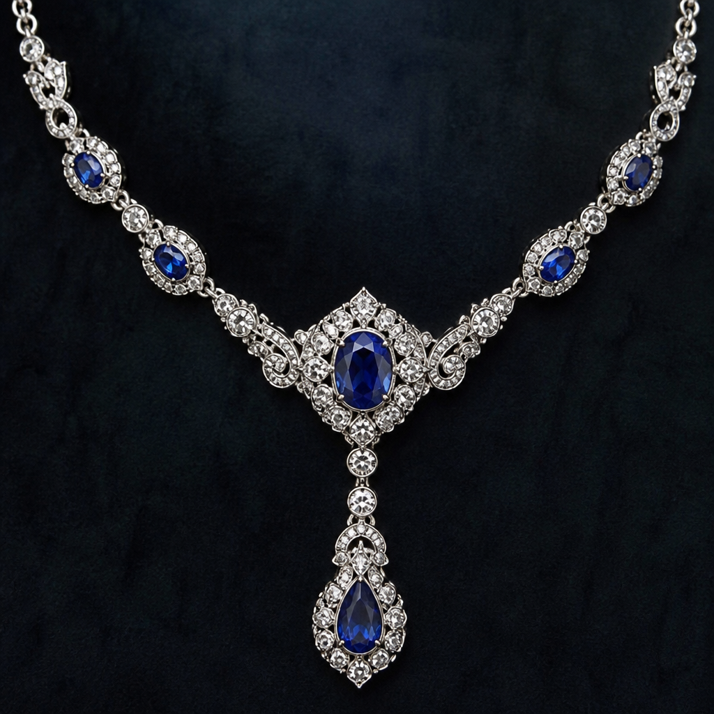 A vintage women's necklace made of silver with diamond and sapphire stones suitable for formal
photorealistic jewelry design, A vintage women's necklace made of silver with diamond and sapphire stones suitable for formal, vintage style, just the design no text