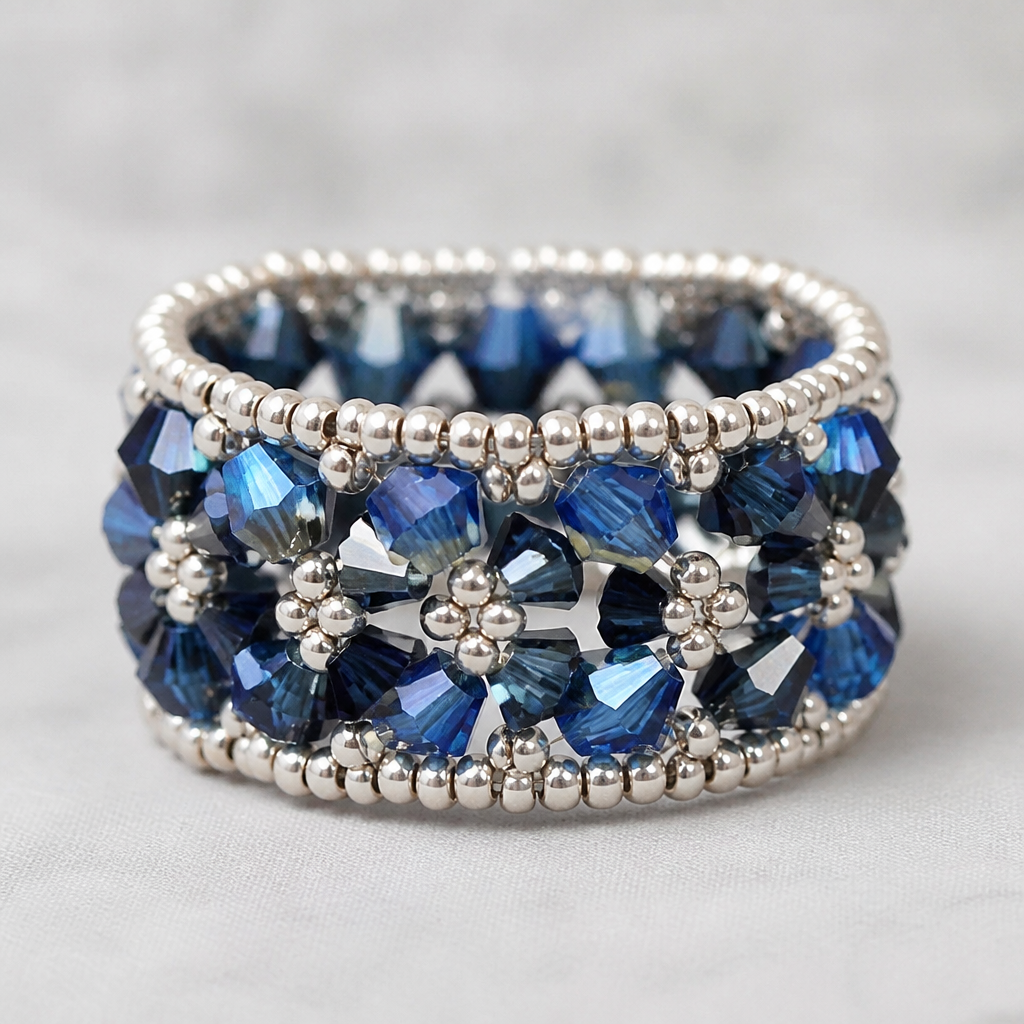 Wide beaded ring with bicones and seed beads
photorealistic jewelry design, Wide beaded ring with bicones and seed beads
, beaded style, just the design no text