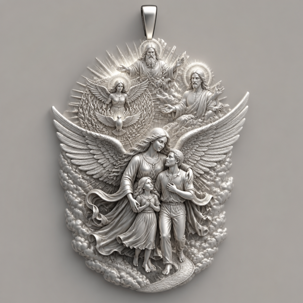 A modern women's pendant made of silver suitable for festival. An extraordinary excellent beautiful delicate and elegant pendant with the Guardian Angel with a beautiful delicate and elegant face, with long hair, with big wings flying, with a beautiful delicate elegant and with beautiful curves at her body, with a beautiful delicate and elegant tunic holding a child and an adult with its hands protecting them and guiding them on the way of the Holy Trinity. Sawing the way of the Holy Trinity in front of them God the Father, God the Son and God the Holy Spirit, the Holy Spirit to be as an Angel with a dove under the Angel surrounded by tongues of fire radiating light to the persons and the Guardian Angel, without the surrounding metals of the pendant. All the persons and the surrounding area to be 3D like statues.