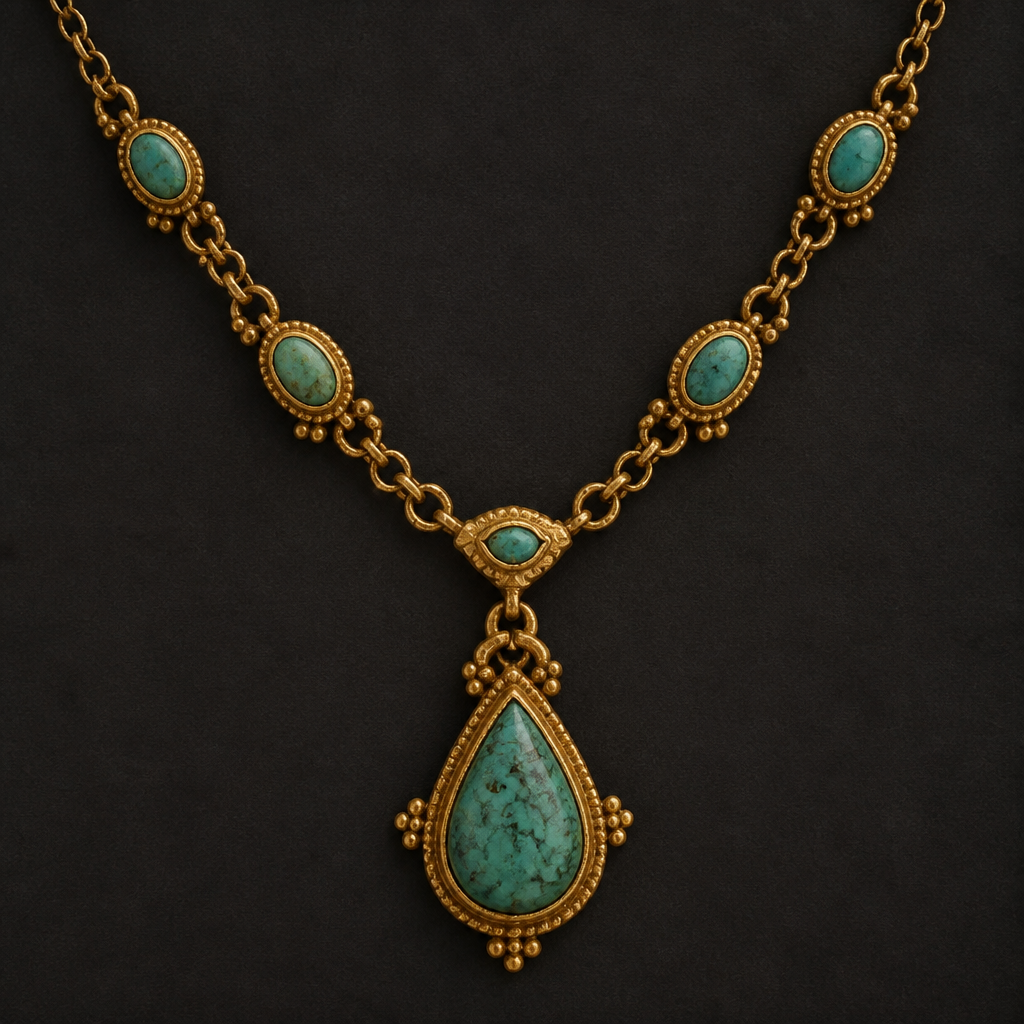 A medieval women's necklace made of gold with turquoise stones. simple and old mony
photorealistic jewelry design, A medieval women's necklace made of gold with turquoise stones. simple and old mony, medieval style, just the design no text