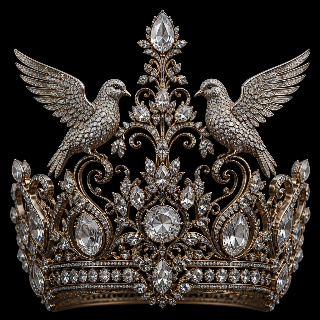 Birds,crown and diamonds
photorealistic jewelry design, Birds,crown and diamonds , victorian style, just the design no text