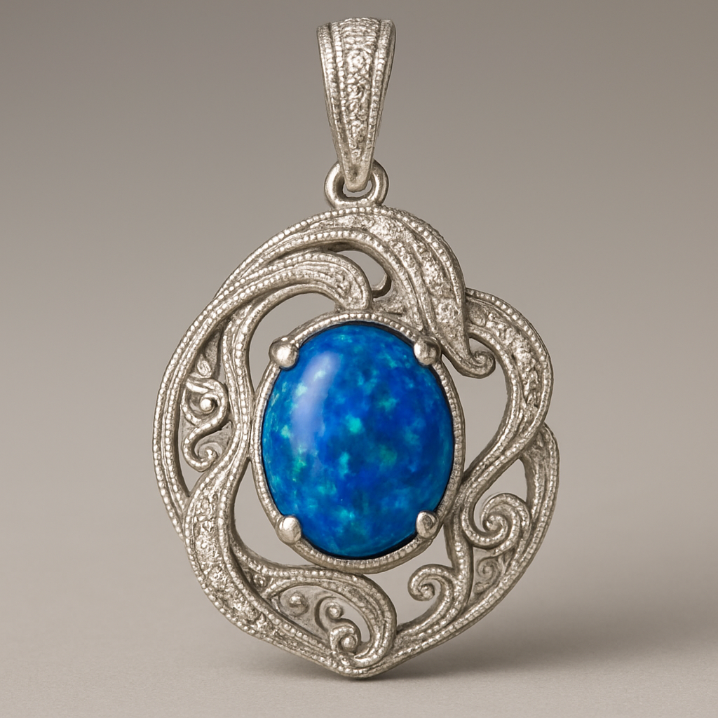Create an image based on this prompt: “Studio photo of a fine-jewelry pendant inspired by ocean waves, crafted in white gold with a 12x10 mm oval blue opal center stone. The pendant features flowing ribbon-like curves accented with pavé diamonds (1 mm). Macro product shot, neutral gradient background, realistic lighting and gemstone reflections. Focus only on the pendant — no human, no background scenery, no illustration style.”