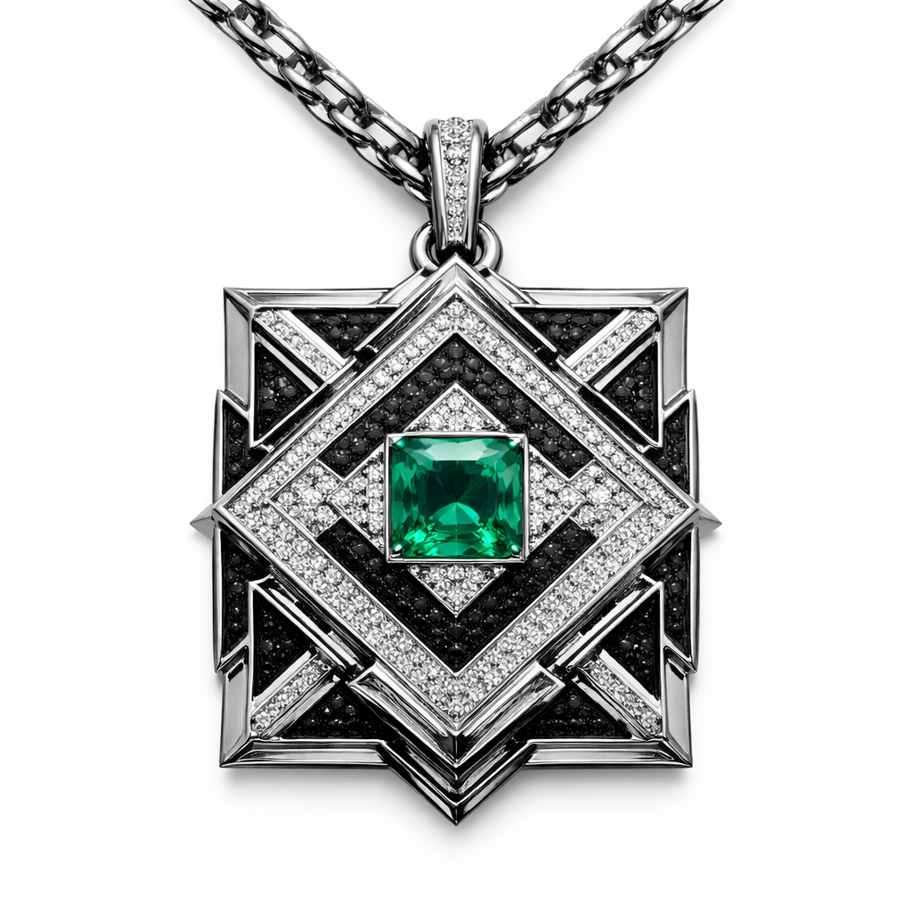 Abstract with lines and edges sharp Geomatric architecture square shape adding green emerald like eye for men with white and black diamonds pendant and chain of angles and shapes of white background