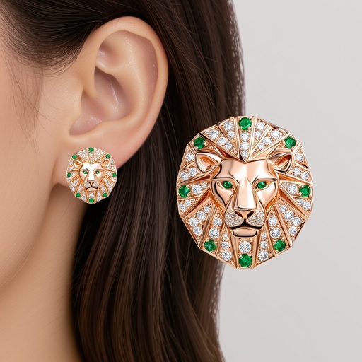 Earrings set of Lion king edges Geometric lion ring of rose gold and white goldGeomatricw lion of architecture shape and edge of diamonds and emerlad of rose gold 