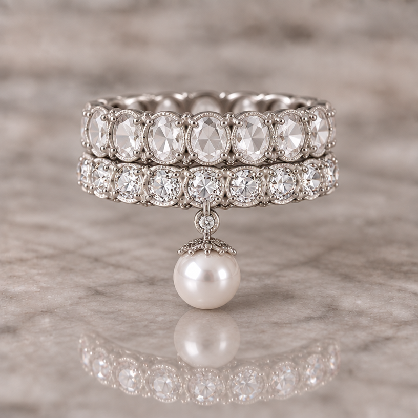 Pl show this piece stacked with a large oval rose cut eternity band in the same style
edit the attached jewelry design with these instructions: Pl show this piece stacked with a large oval rose cut eternity band in the same style. keep it photorealistic, just the design no text
