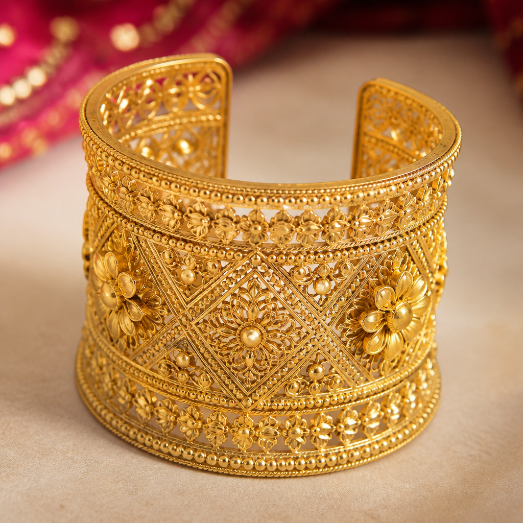 A cuff women's ring made of gold suitable for festival. an arm cuffs in navratri style
photorealistic jewelry design, A cuff women's ring made of gold suitable for festival. an arm cuffs in navratri style, cuff style, just the design no text