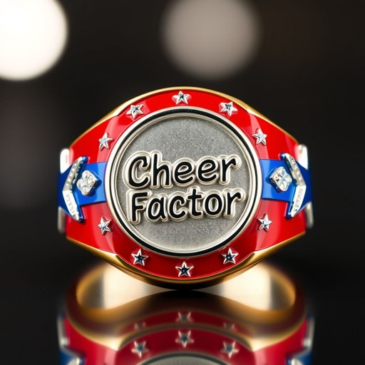 Red white and blue medal ring that says cheer factor