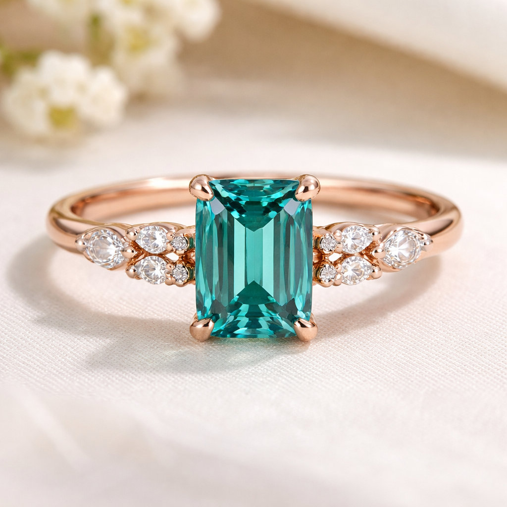 Rose gold emerald cut ring with teal moissiante. Side stones three each side centered on the emerald cut stone two marquise leading to a round stone. Open rose gold wedding band