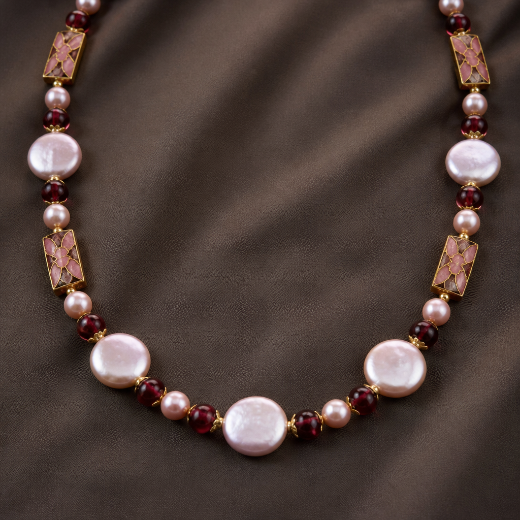 8mm coin pearls pink luster, pink luster round pearls 6mm, garnet spacers 4mm rounds. Gold filigree cloisonné rectangle beads with pick enamel
photorealistic jewelry design, 8mm coin pearls pink luster, pink luster round pearls 6mm, garnet spacers 4mm rounds. Gold filigree cloisonné rectangle beads with pick enamel, art_deco style, just the design no text