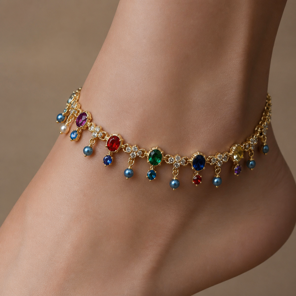 A women's anklet with red diamond and yellow ruby and green emerald and blue pearl and purple garnet and white sapphire stones suitable for party
photorealistic jewelry design, A women's anklet with red diamond and yellow ruby and green emerald and blue pearl and purple garnet and white sapphire stones suitable for party, renaissance style, just the design no text