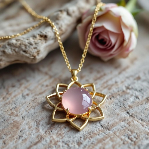 Золотая матовая цепочка. Подвеска матовая лотос шесть лепестков нижние лепестки крупнее верхних  не круглый . В сердце лотоса матовый розовый кварц овальный