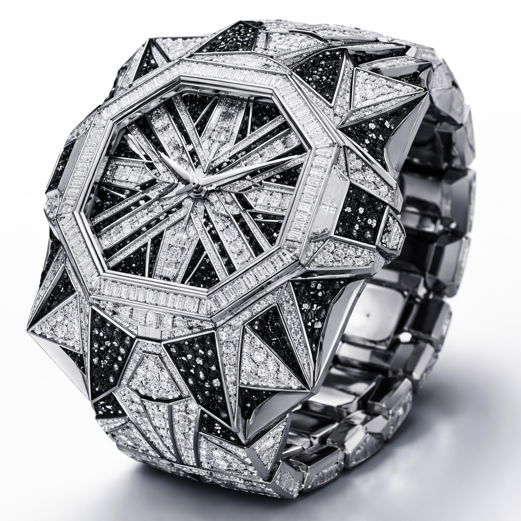 Geomatric watch of architecture shape and edges of unique design of white and black diamonds