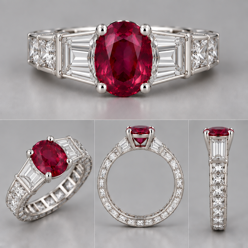 Make the side stone bigger as tall as the ruby
edit the attached jewelry design with these instructions: Make the side stone bigger as tall as the ruby. keep it photorealistic, just the design no text