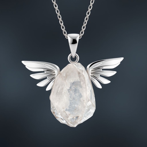 Create a pendant, use silver minimal, use raw natural gem stone and at top side of gem at the back there shall be one wing showing right hand side of the stone and one left hand side. Wings shall be with minimul silver used.