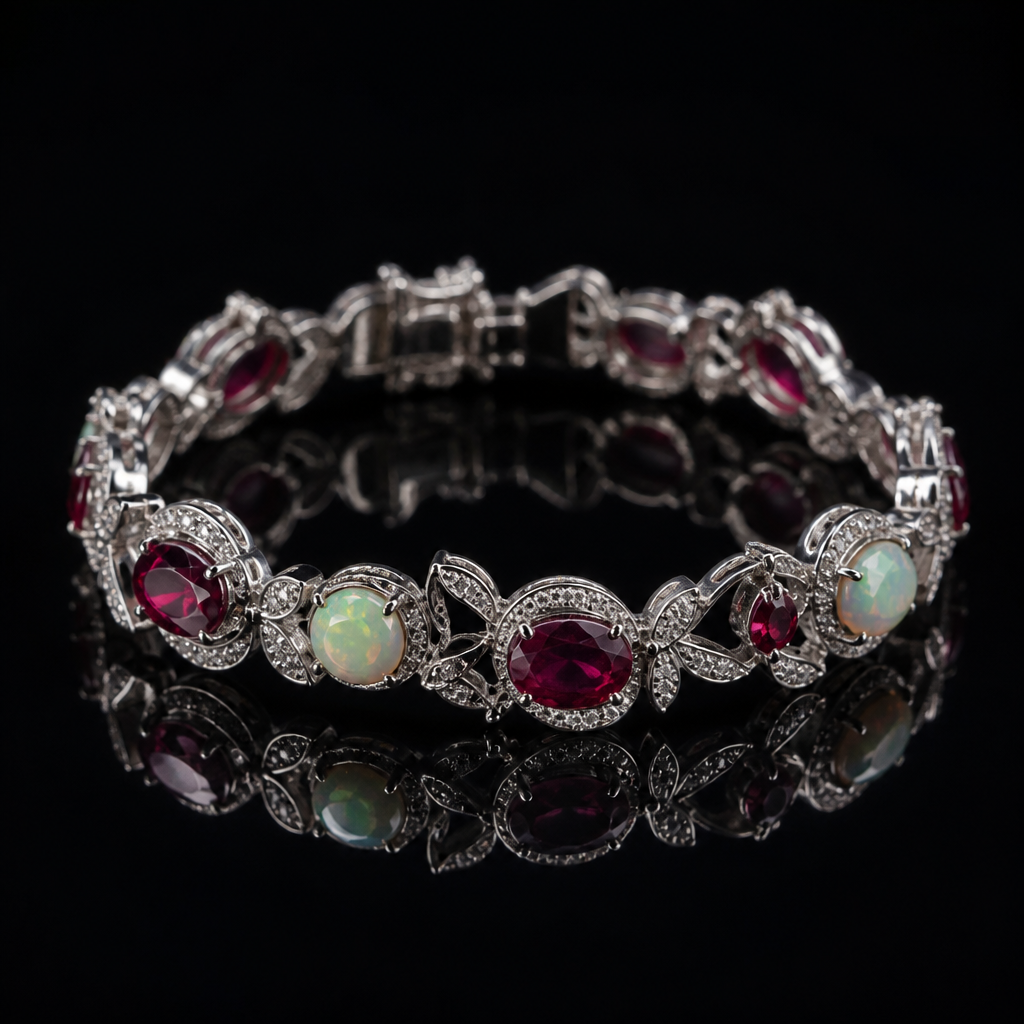 A luxury women's bracelet made of white gold with ruby and opal stones suitable for party
photorealistic jewelry design, A luxury women's bracelet made of white gold with ruby and opal stones suitable for party, luxury style, just the design no text