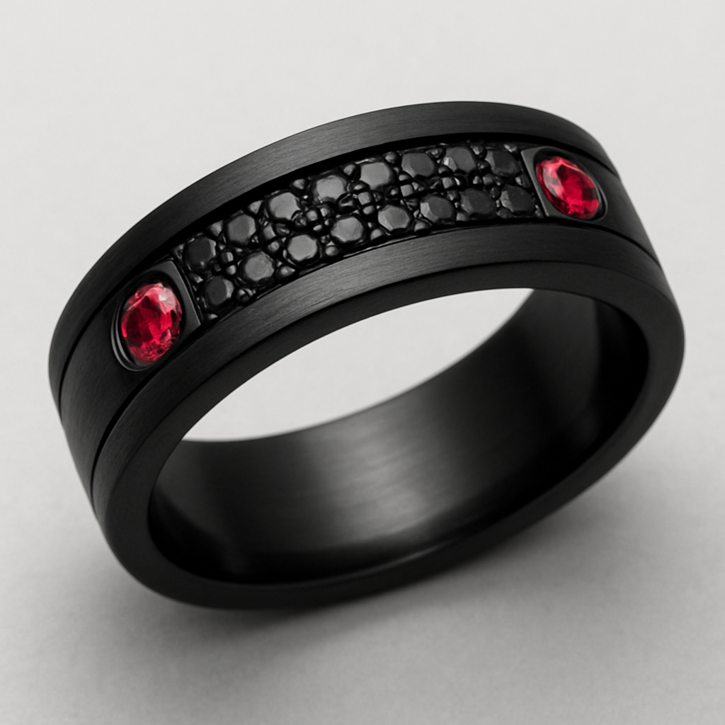 Men’s thick wedding band black with black stones and 2 rubies 