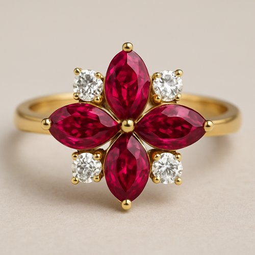 Three leaves shaped Ruby and seven diamond surrounding those ruby