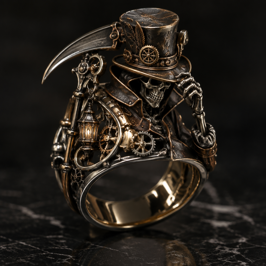 A steampunk men's ring made of mixed metal suitable for formal. a reaper with a mix of the madhatter style
photorealistic jewelry design, A steampunk men's ring made of mixed metal suitable for formal. a reaper with a mix of the madhatter style, steampunk style, just the design no text