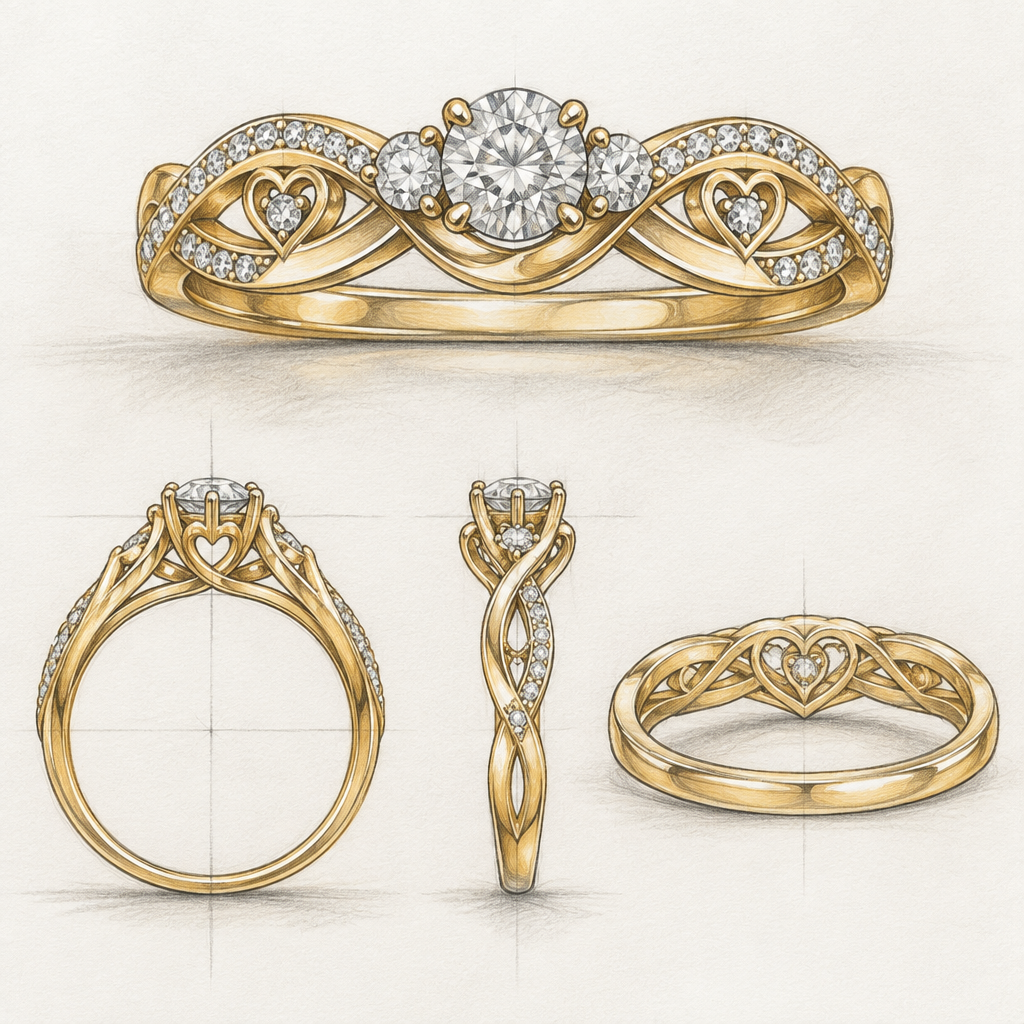 A bespoke/custom women's ring made of gold with diamond stones suitable for anniversary, detailed and decorative, moderately ornate. crea un diseño a lapis un anillo elegante de matrimonio que tenga como significado 24 años y 2 hijas
photorealistic jewelry design, A bespoke/custom women's ring made of gold with diamond stones suitable for anniversary, detailed and decorative, moderately ornate. crea un diseño a lapis un anillo elegante de matrimonio que tenga como significado 24 años y 2 hijas, bespoke_custom style, just the design no text